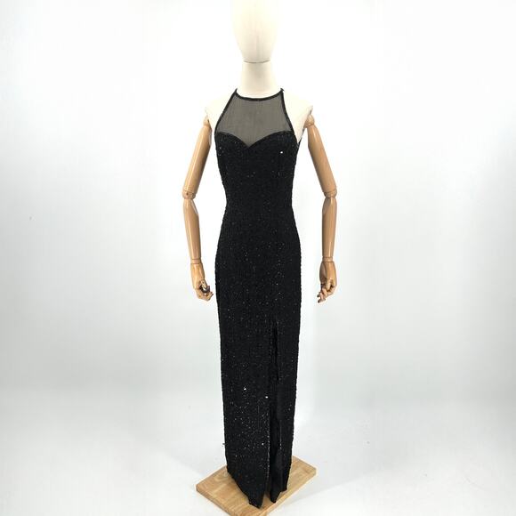 Vintage Y2K Scala Black Beaded Open Back Lattice Evening Gown - Picture 4 of 11
